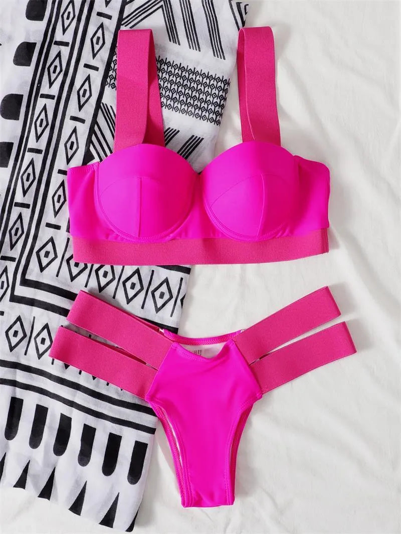 Women's push-up bikini swimsuit with steel bracket support in rose red, black, peacock blue and blue colours