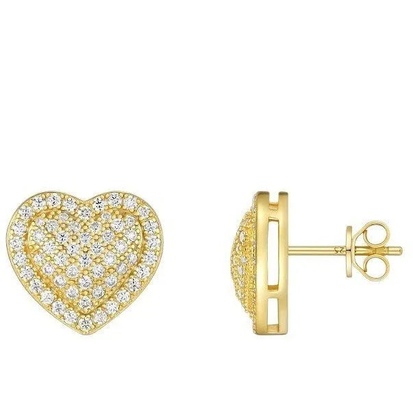 S925 sterling silver heart-shaped stud earrings with gold finish and moissanite stones