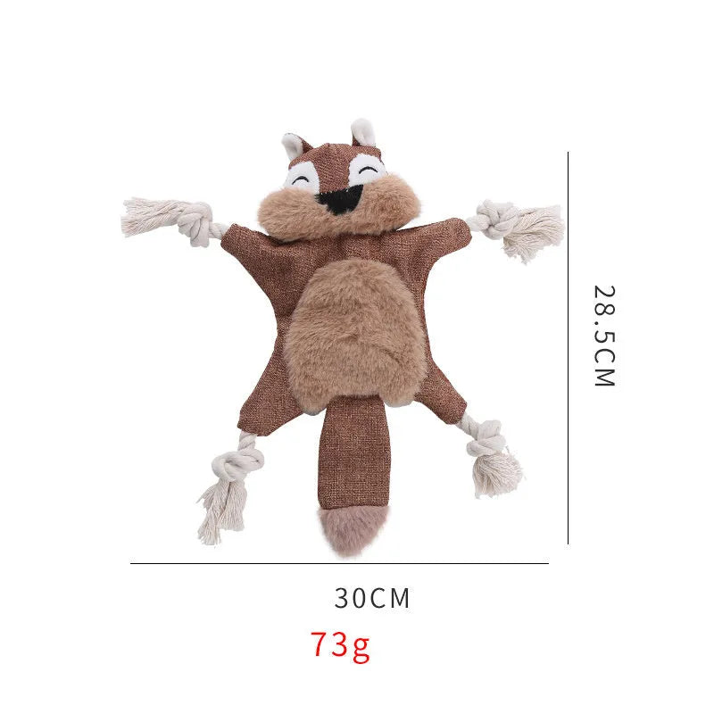 Brown fox plush dog toy with squeaker in head, crinkle paper body, and rope limbs for chewing