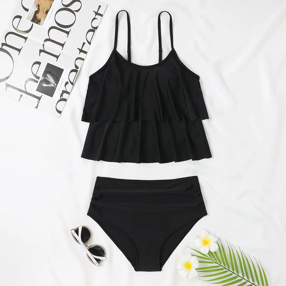 Women's high waist double-layer swimsuit in polyester fabric with coconut tree print or solid black options