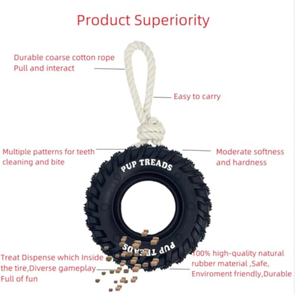 Natural rubber tyre dog chew toy with rope, 35cm, for aggressive chewers, in Black or Blue