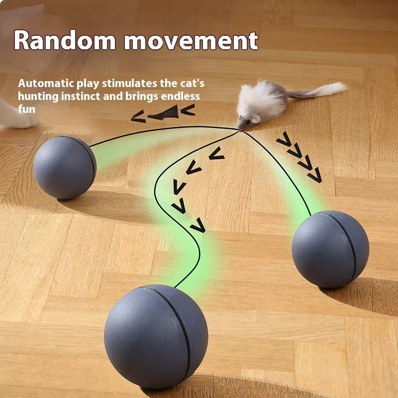 Automatic cat teasing ball toy with plush mouse attachment showing blue orange colour option