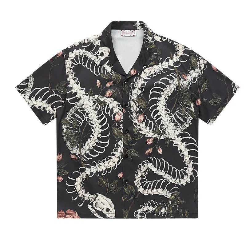 Snake bone floral pattern printed Cuban collar short sleeve shirt in loose fit casual style