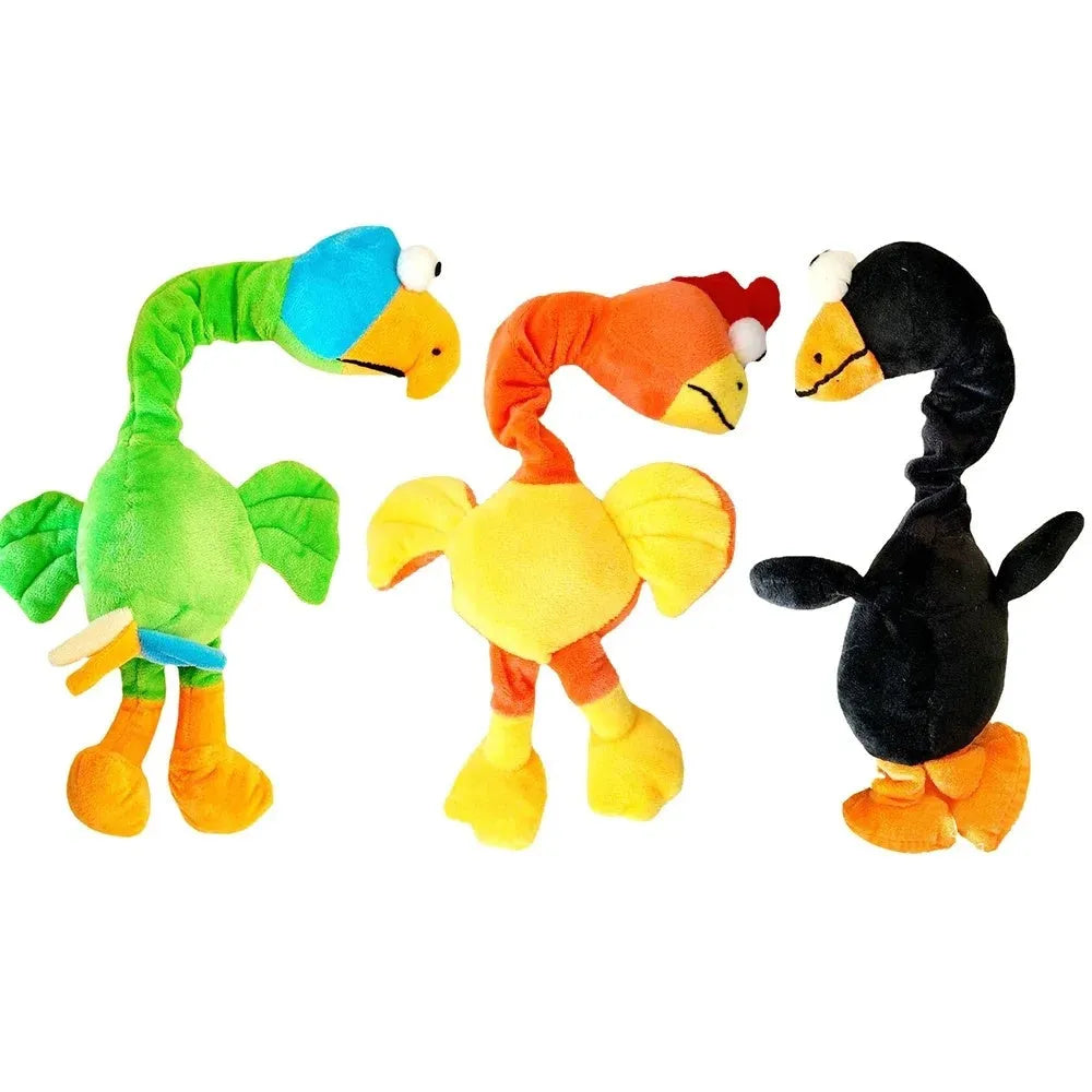 Squeaky chicken-shaped dog toy in black, green, and orange colours.