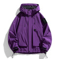 Men's black waterproof hooded jacket on a hanger, shown in a regular length with long sleeves.