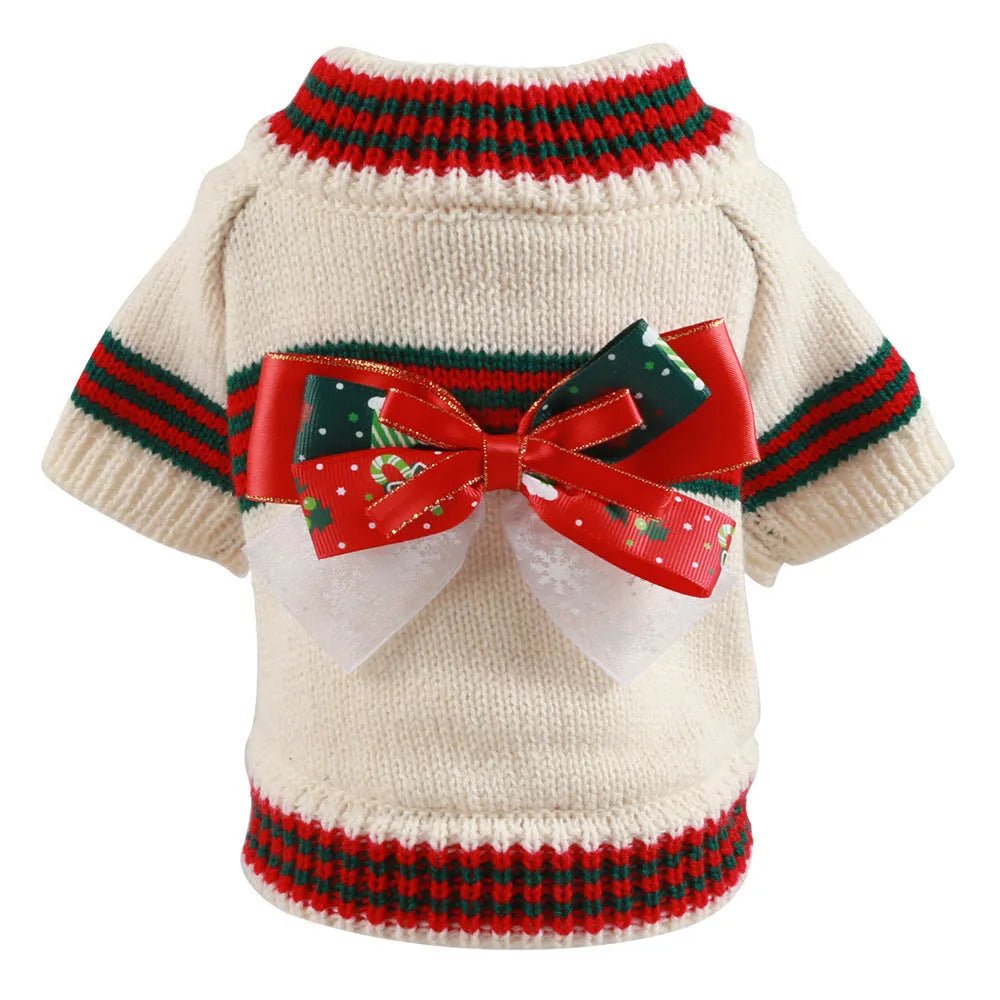 Red Christmas sweater for a dog on a festive background, showing the knit pattern and fit.