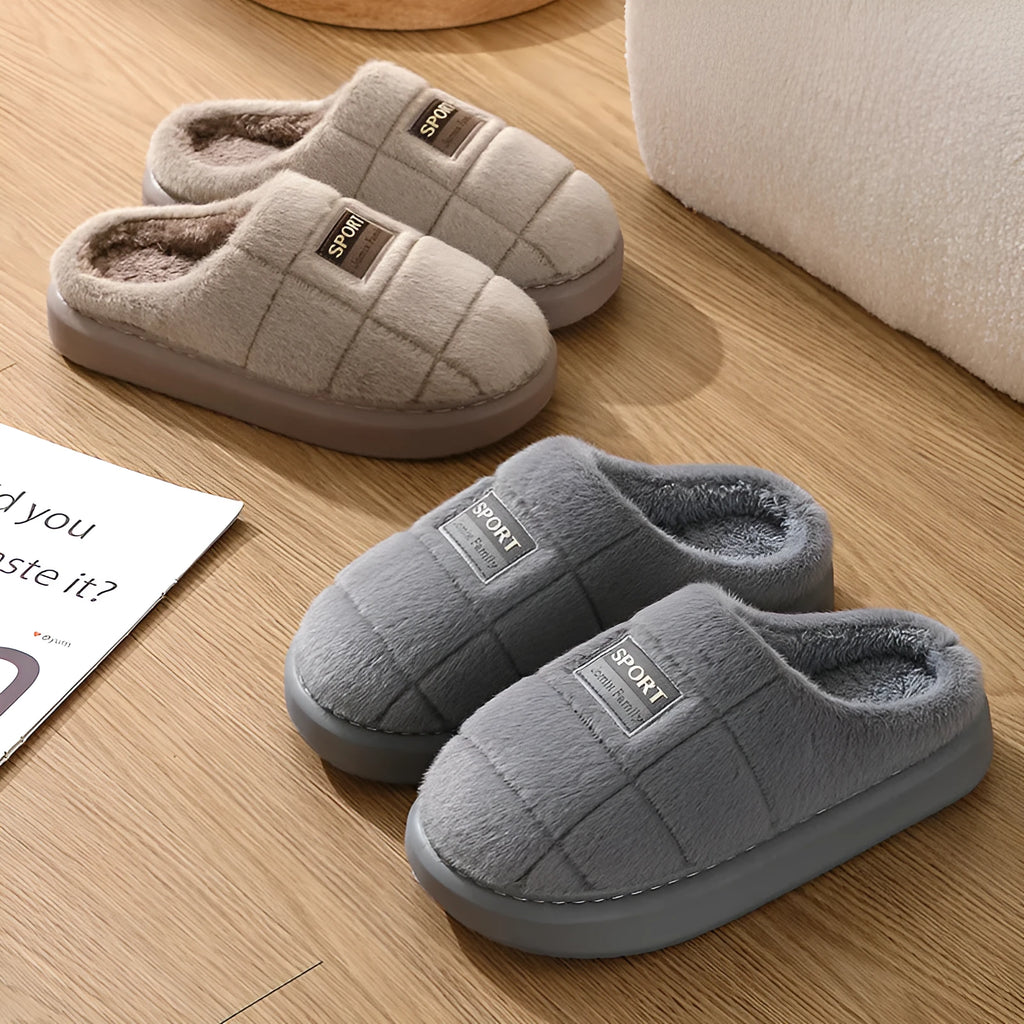 Men's grey and brown plaid winter slippers with thick rabbit hair upper and wool lining.