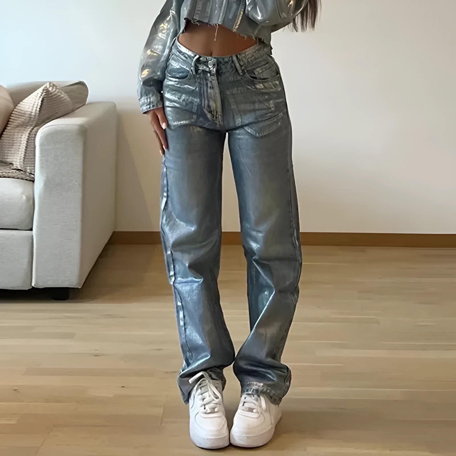 Washed blue high waist straight leg jeans with contrast colour street hipster styling