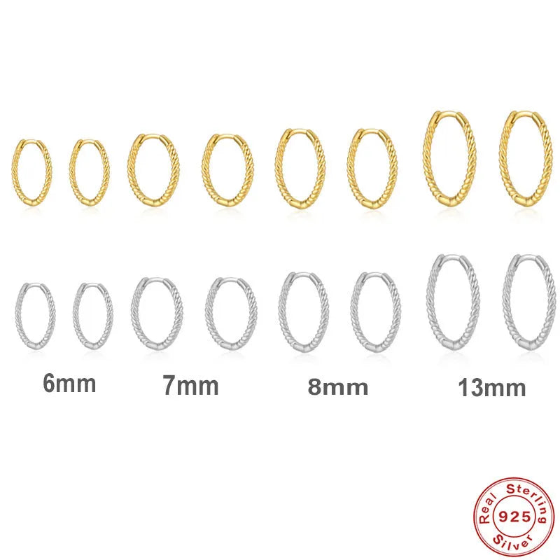 S925 sterling silver twisted string round ring earrings in gold or white gold finish.