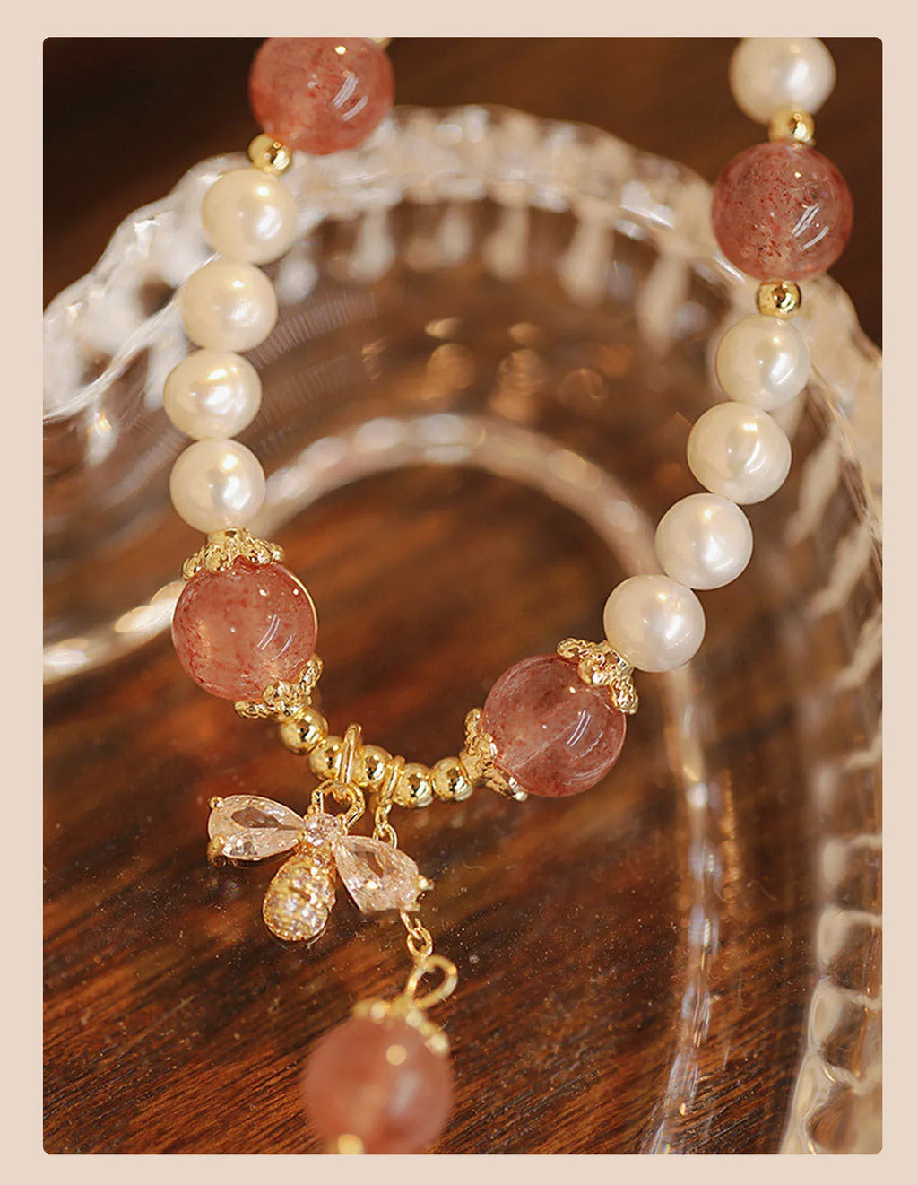 Women's strawberry quartz crystal bracelet with bow accents hand-strung in INS summer style