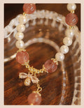 Women's strawberry quartz crystal bracelet with bow accents hand-strung in INS summer style