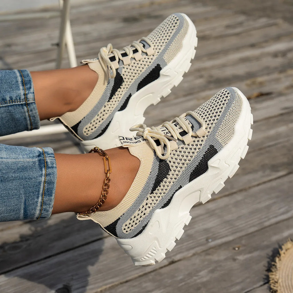 Women's Flyknit mesh lace-up running sneakers in multiple colour options with rubber sole