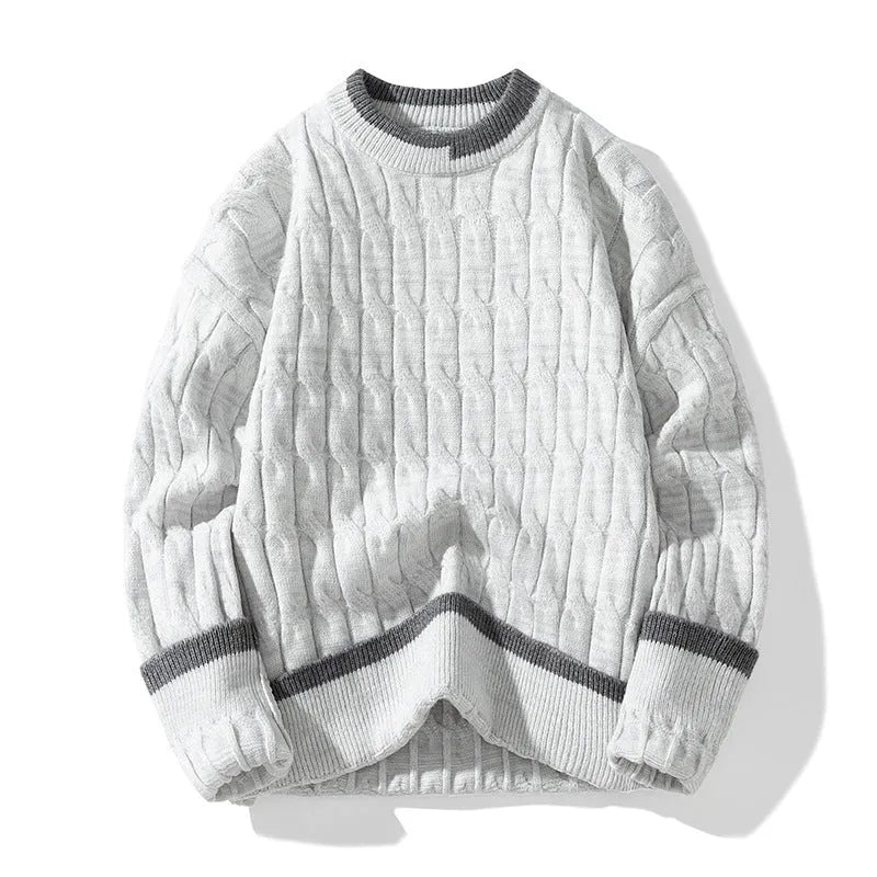 Men's loose fit modal acrylic blend pullover sweater in light blue, shown as a two-piece bottoming set.