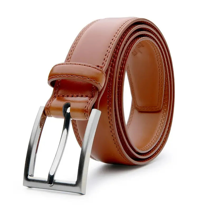 Men's genuine leather casual belt with alloy buckle in 95 grain brown.