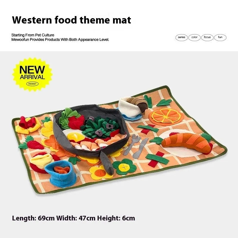 Garden Camping themed fabric dog sniffing mat for hiding treats as a puzzle activity.