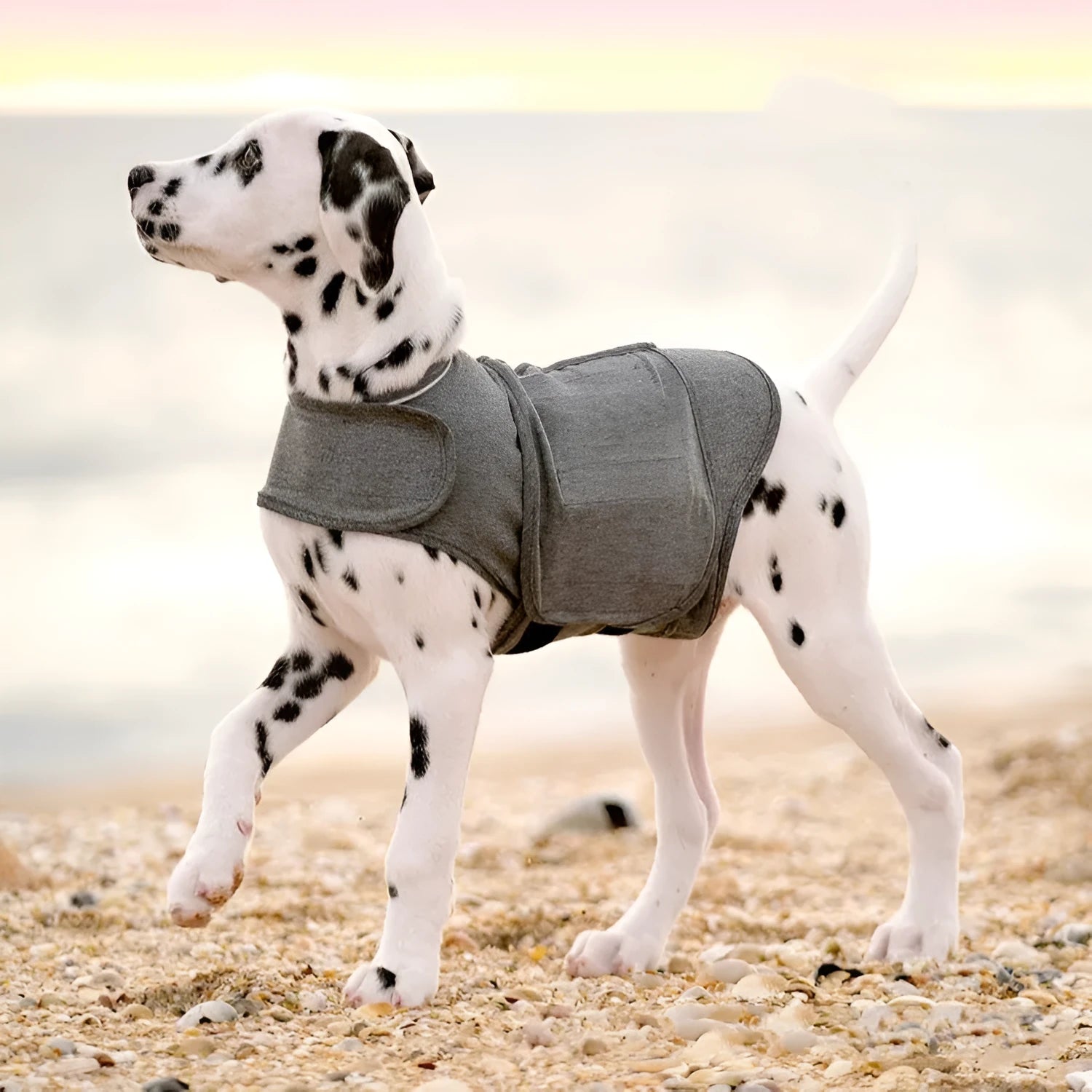 Heather grey dog anxiety jacket in brocade cotton ponte-de-roma fabric showing weight-based sizing options