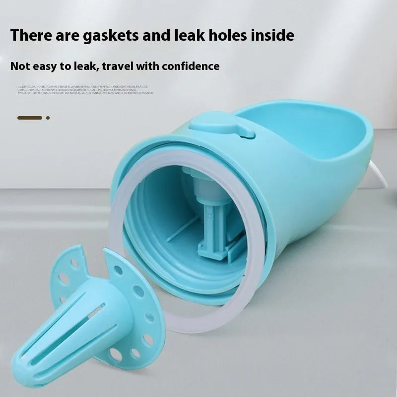 Blue dual-use dog drinking cup with split compartment for water and food.