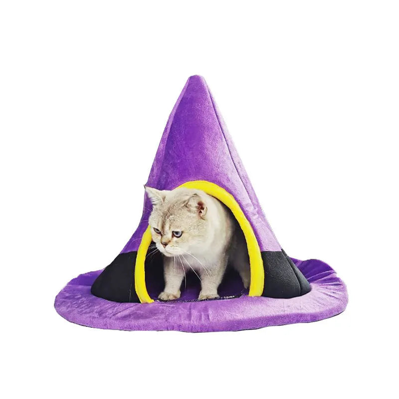 Purple Halloween witch hat shaped cat nest bed measuring 60x45cm with cloth fabric