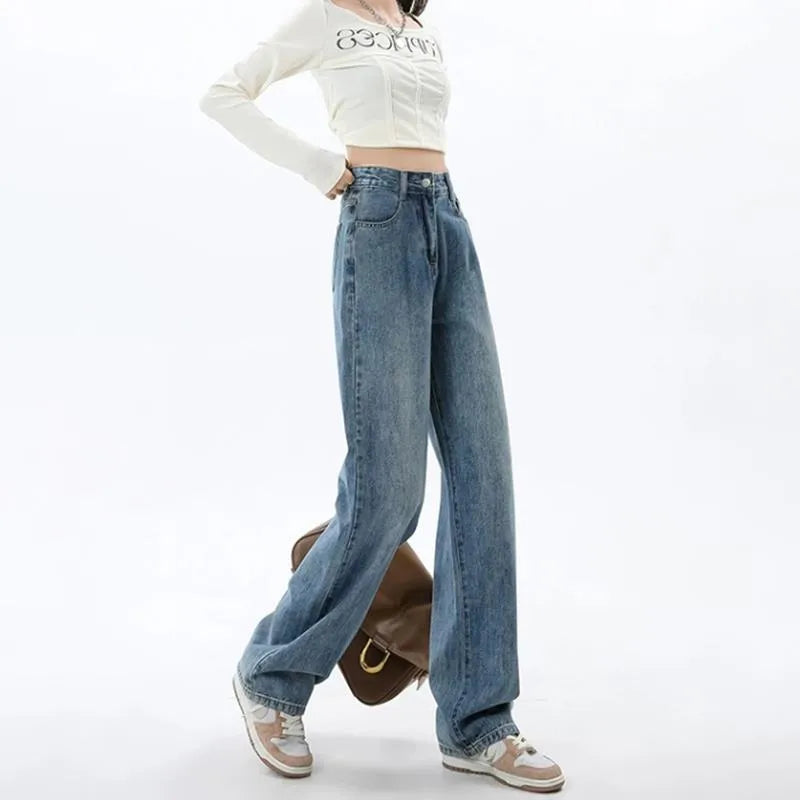 Women's retro blue wide leg high waist jeans with straight cut and spandex denim