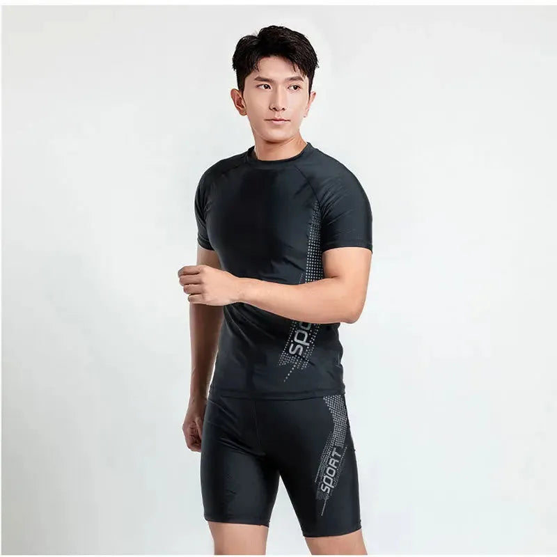 Men's plus size polyester swimsuit set showing top and swimming trunks in various patterns and colours