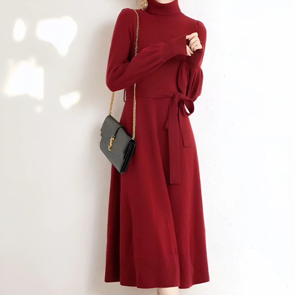 Turtleneck knitwear dress with elastic waist and loose big hem in polyester fabric