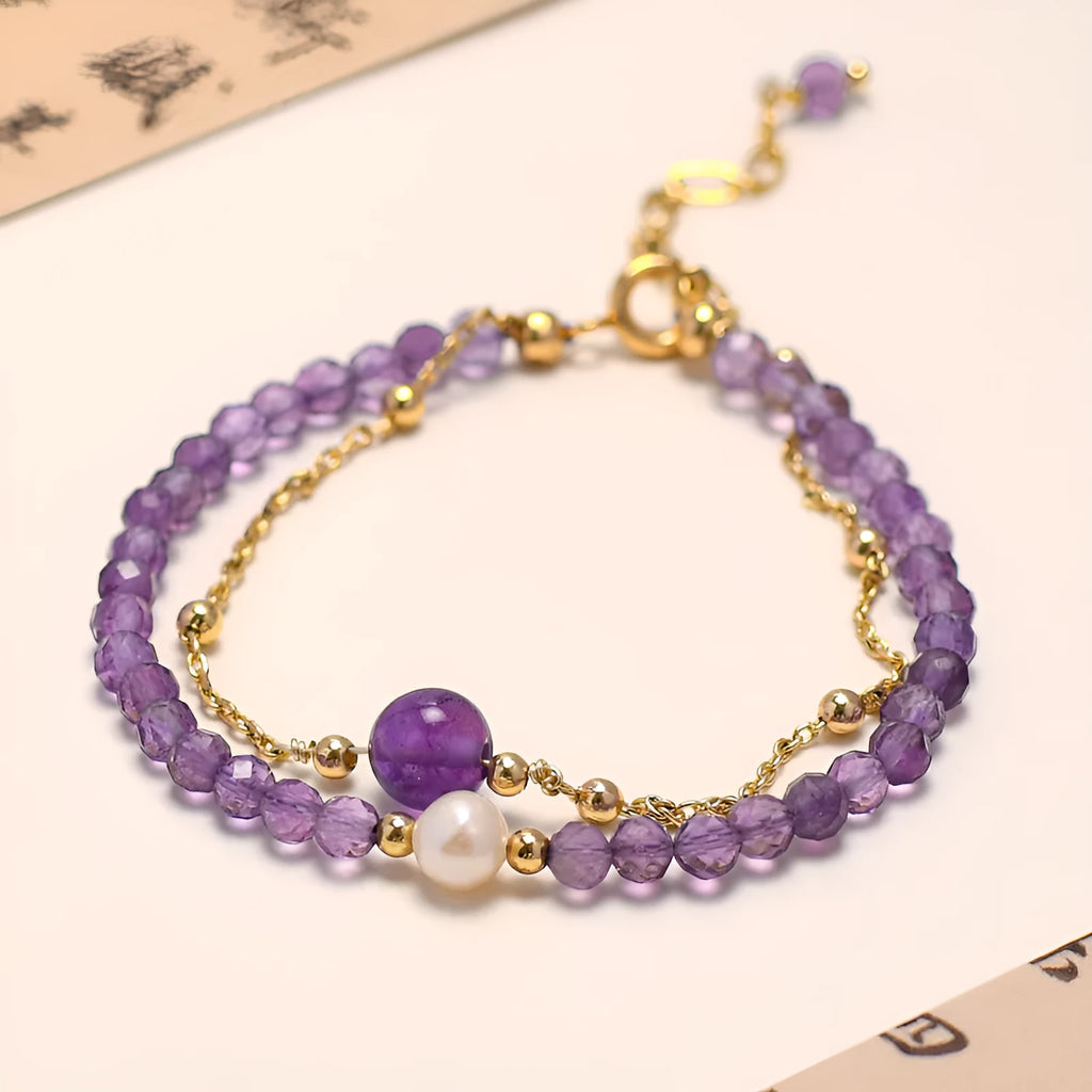Purple amethyst crystal Chinese style women's bracelet with diamond-shaped centrepiece and electroplated metallic components