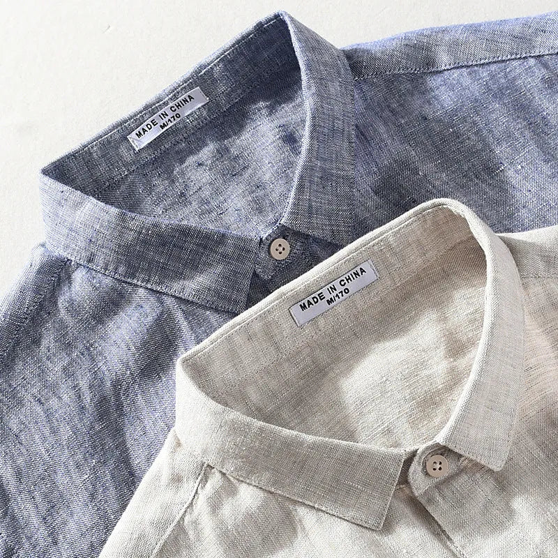 Men's linen short sleeve shirt with square collar in raw jute colour, cardigan style for casual wear