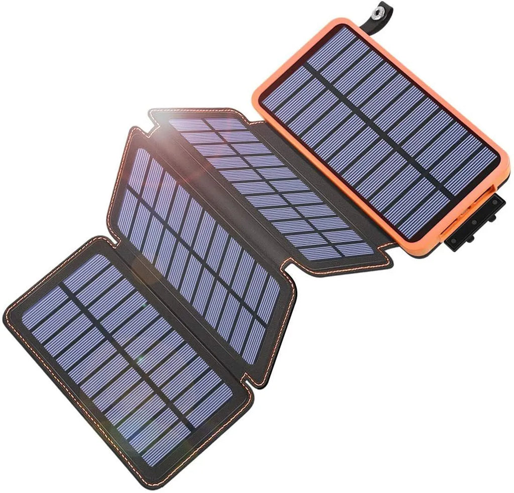 Outdoor solar power bank in black with solar panel, LED light, and soft leather exterior.