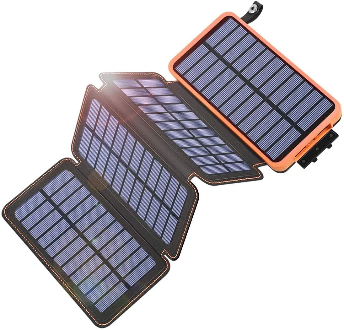 Outdoor solar power bank in black with solar panel, LED light, and soft leather exterior.
