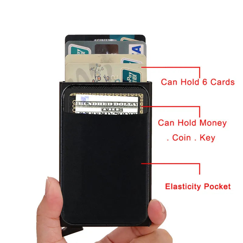 Frosted aluminium metal credit card holder in multiple colours showing slim profile
