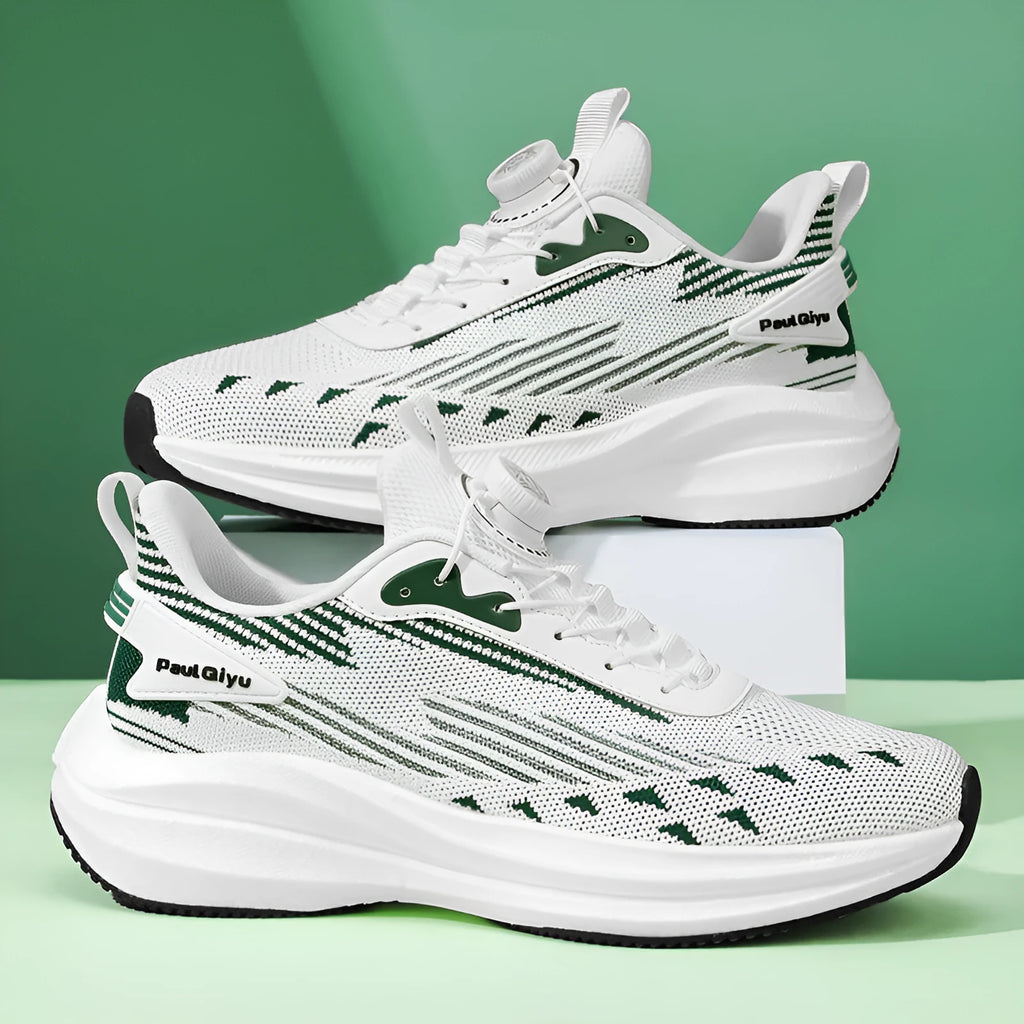 Men's white and green Fly-kit mesh running shoes with rotating buckle closure system on flat TPU sole