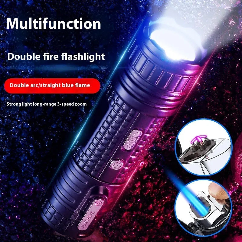 TH727 multi-function metal flashlight lighter showing colour options: black, blue, camouflage, red, yellow