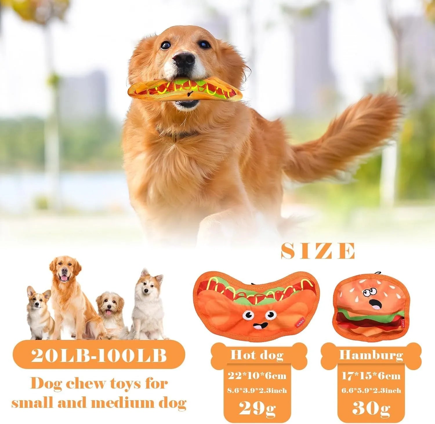 Red and yellow hamburger-shaped dog chew toy with dual crinkle and squeak sounds.