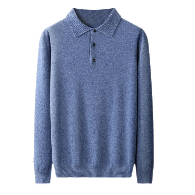 Men's woolen polo collar sweater pullover in black with long sleeves and stitched craft detail