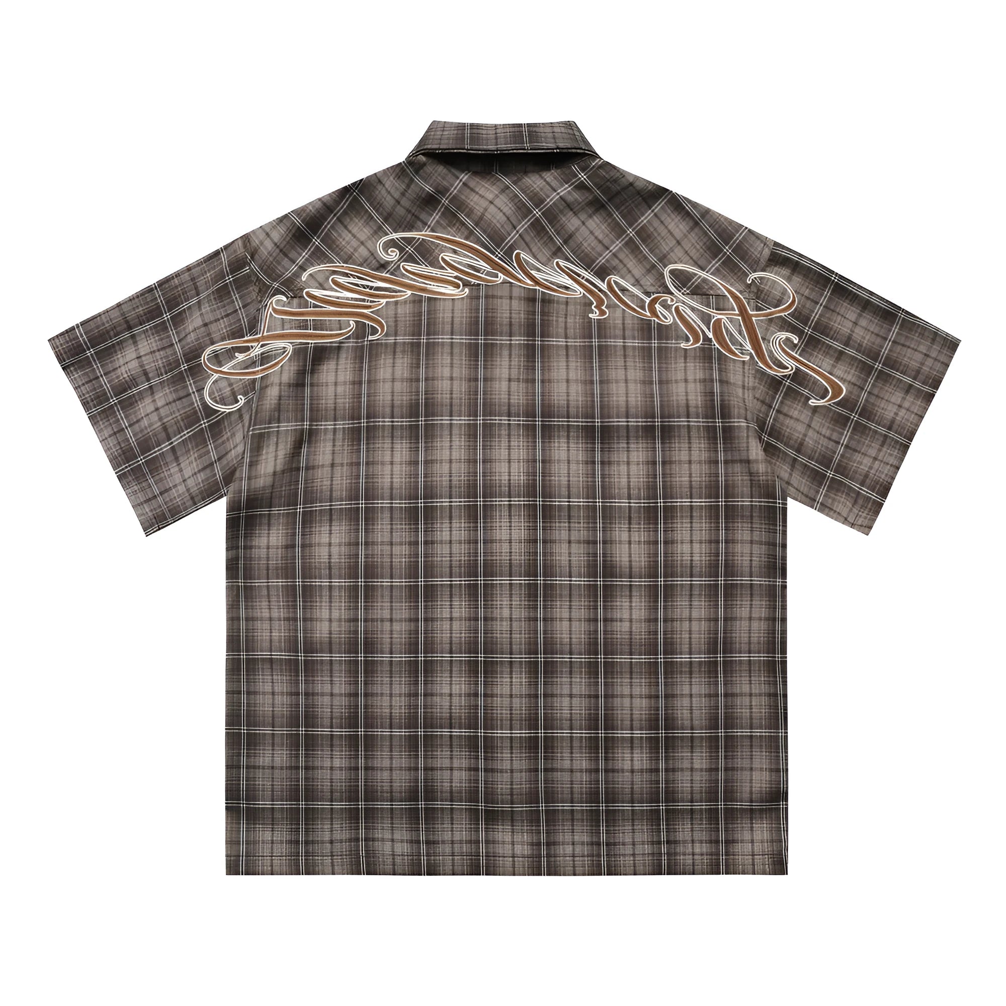 Men's short sleeve plaid shirt with letter embroidery and lapel collar in black or brown cotton blend fabric