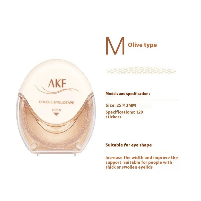 Roll of transparent lace double eyelid stickers in crescent and olive shapes on a clean background