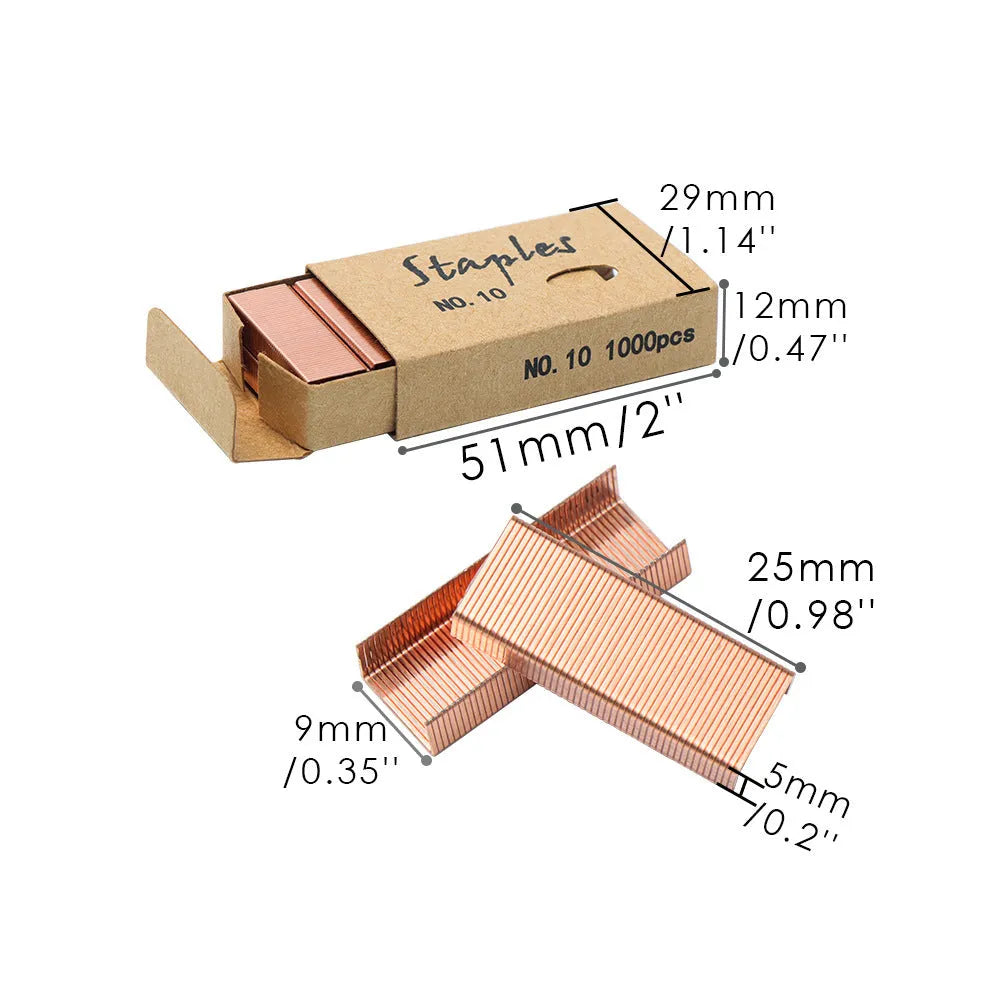 A box of 1000 metal office staples available in black, purple, rose gold, and rose red colours.