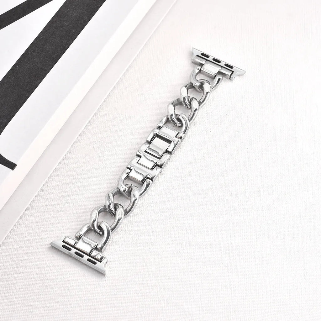 Metal denim chain watch strap for Apple Watch in silver, black, gold, rose gold, or starlight colour.