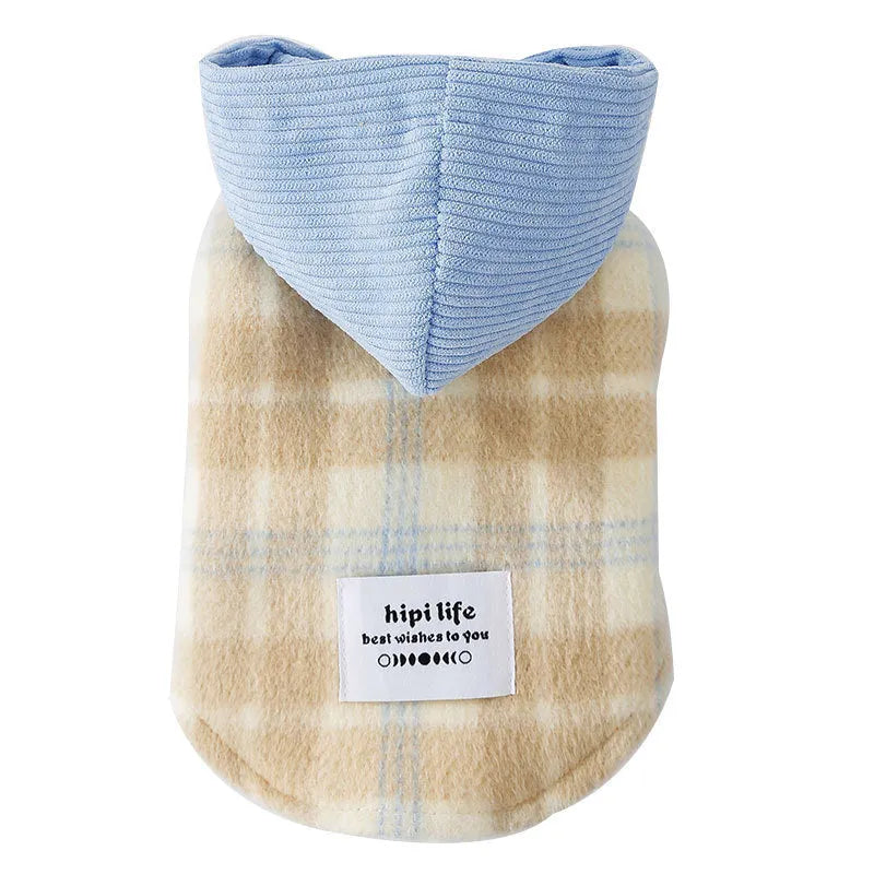 Blue corduroy pet hoodie with chessboard grid pattern and hood for dog autumn winter clothing