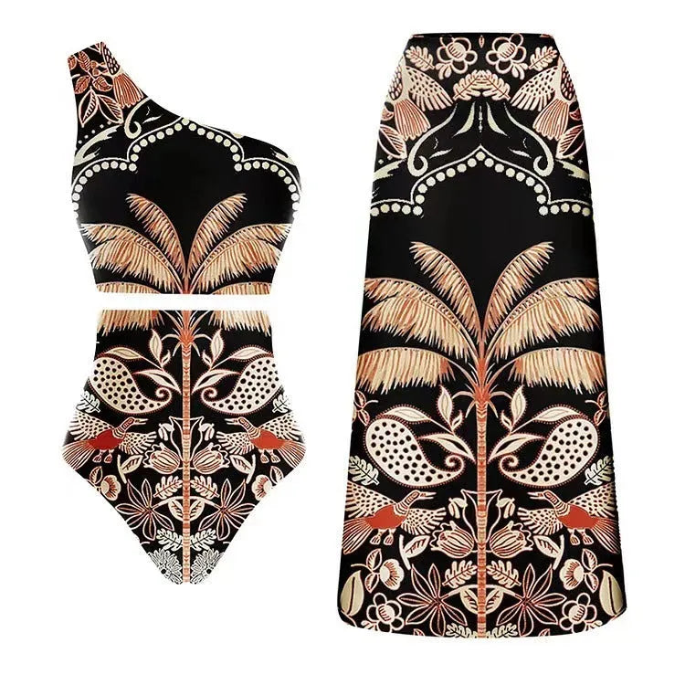 Women's black polyester one-piece swimsuit on a hanger