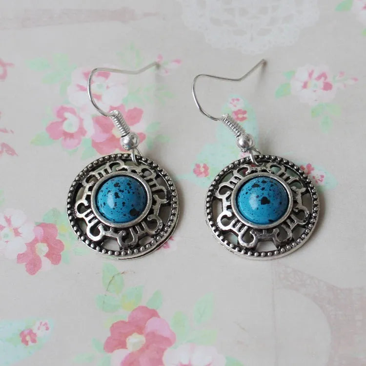 Miao silver retro turquoise flower disk earrings with geometric ethnic patterns