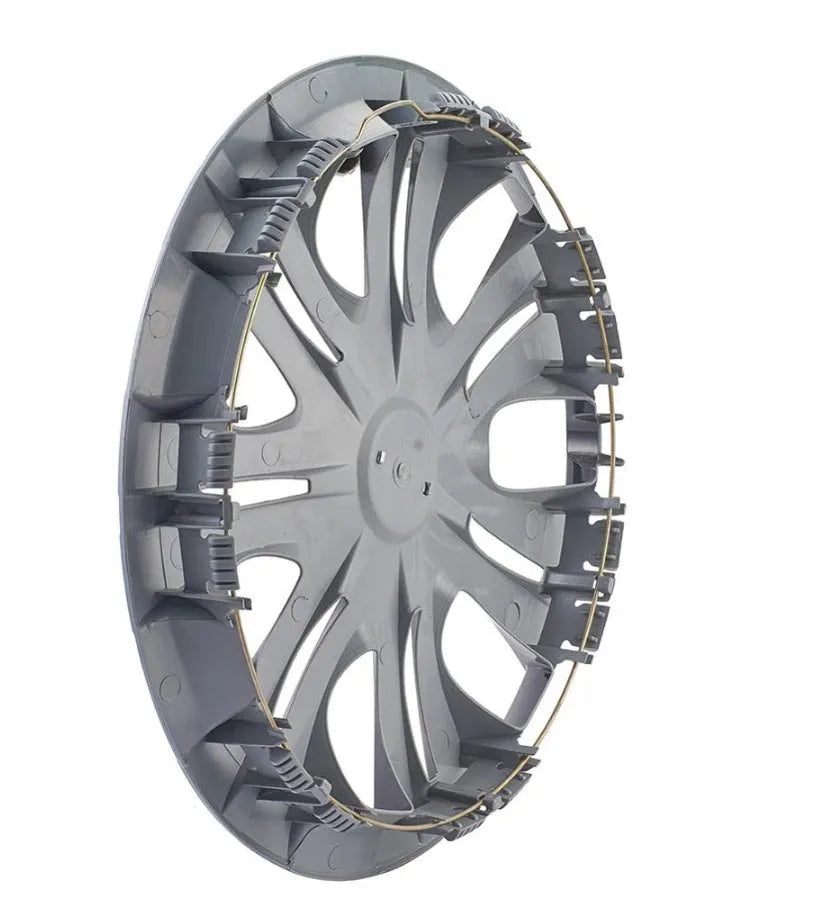 Universal car wheel hub cover in ABS plastic showing black, silver, and electroplated finish options.