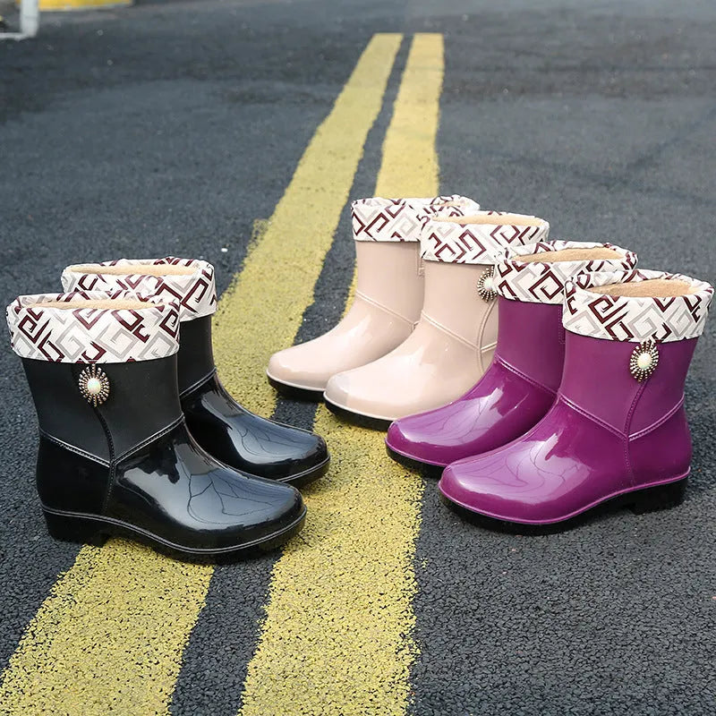 Women's middle tube PVC rain boots in purple, black or beige with non-slip soles