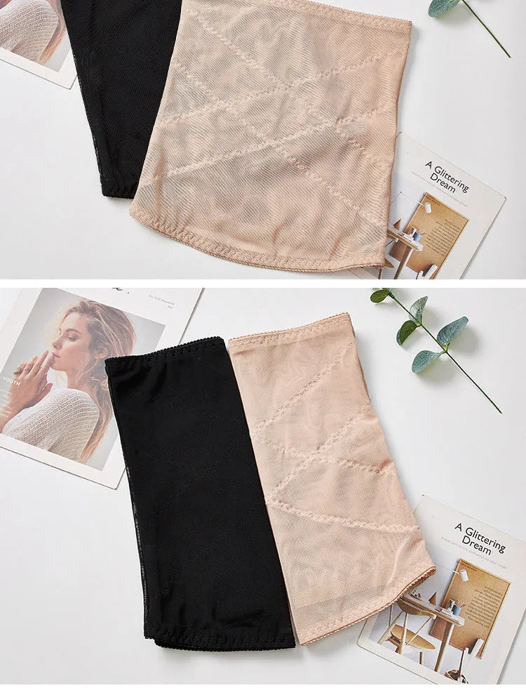 Thin mesh belly band body sculpting strap in black or skin color for postpartum waist trimming