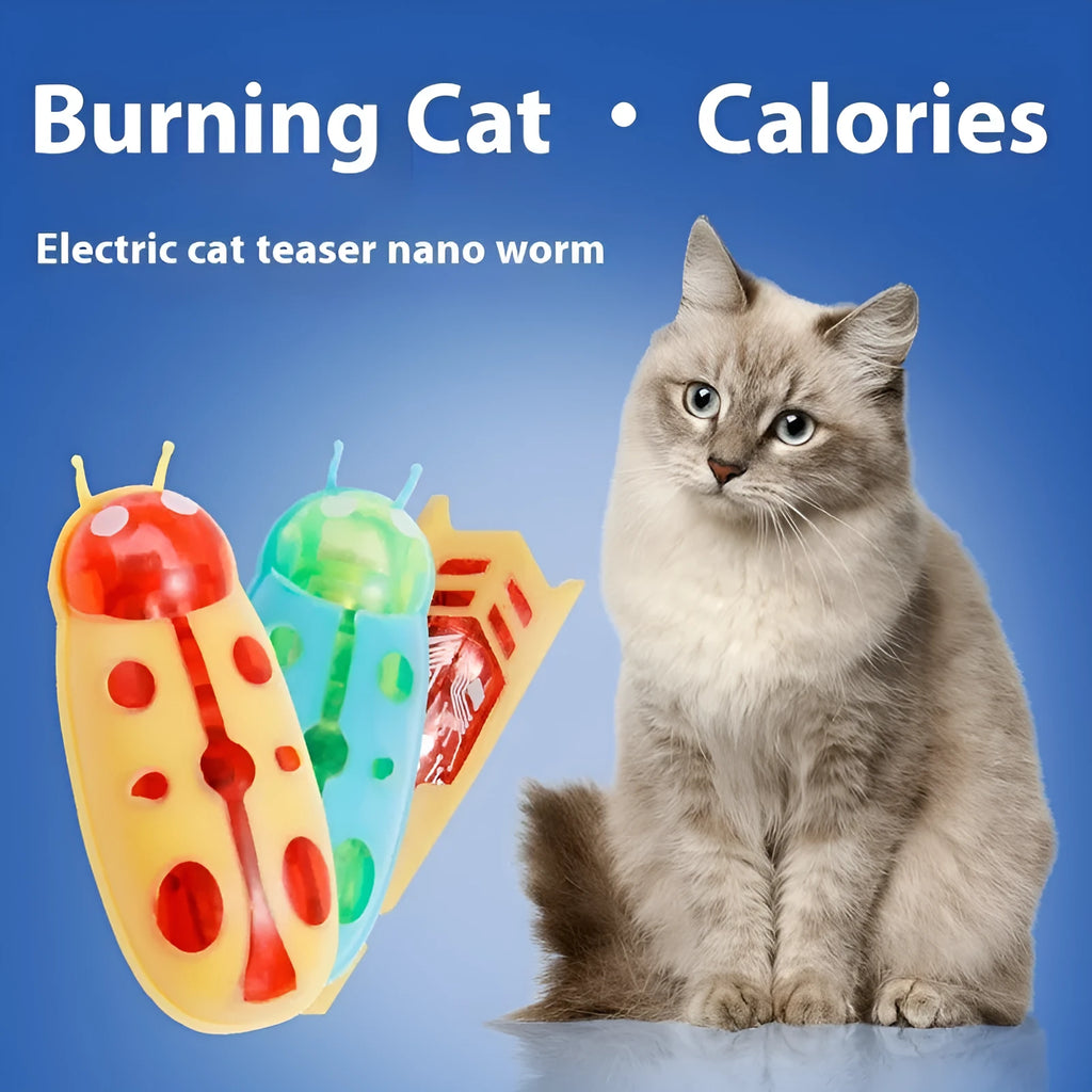 Electric jumping insect cat toy showing miniature worm design and compact 4.5cm plastic construction