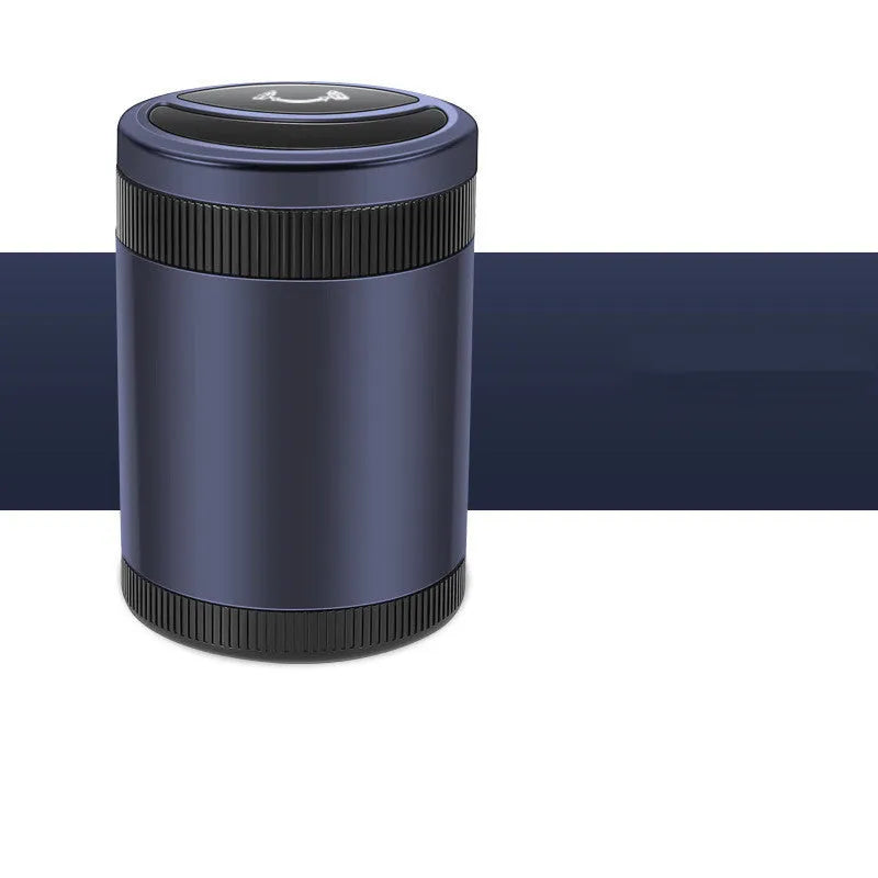 Automatic sensing vehicle mounted ashtray with USB port in Deep Sky Grey, Black, Red, or Sea Blue.