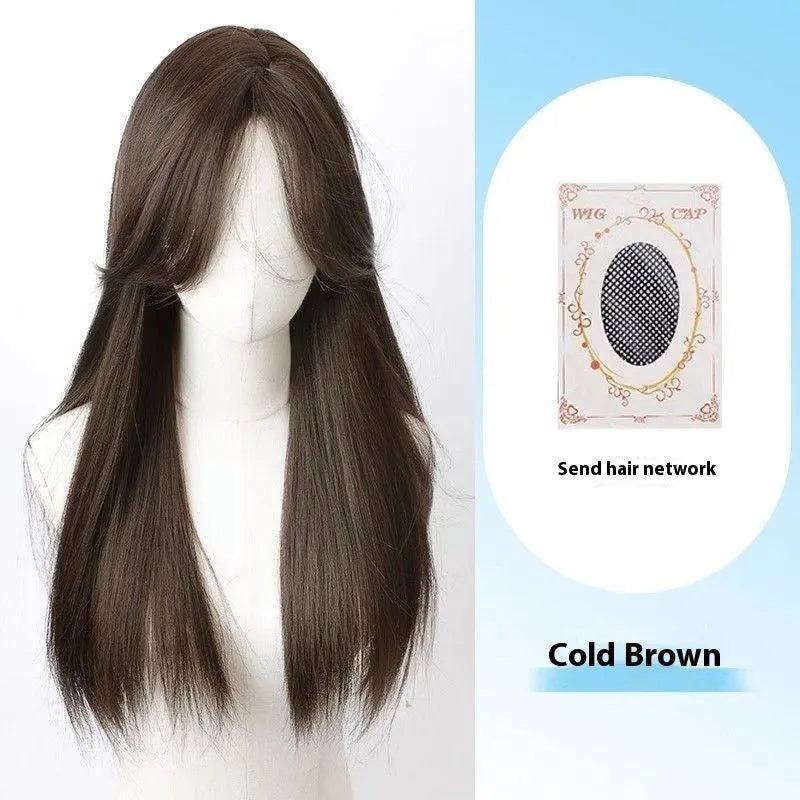 Forehead lace long straight full-head wig with side bangs in high temperature fibre material