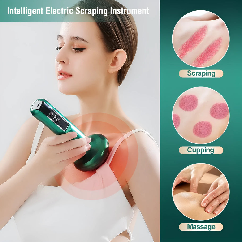 Green electric vacuum cupping and gua sha massager device with USB cable.