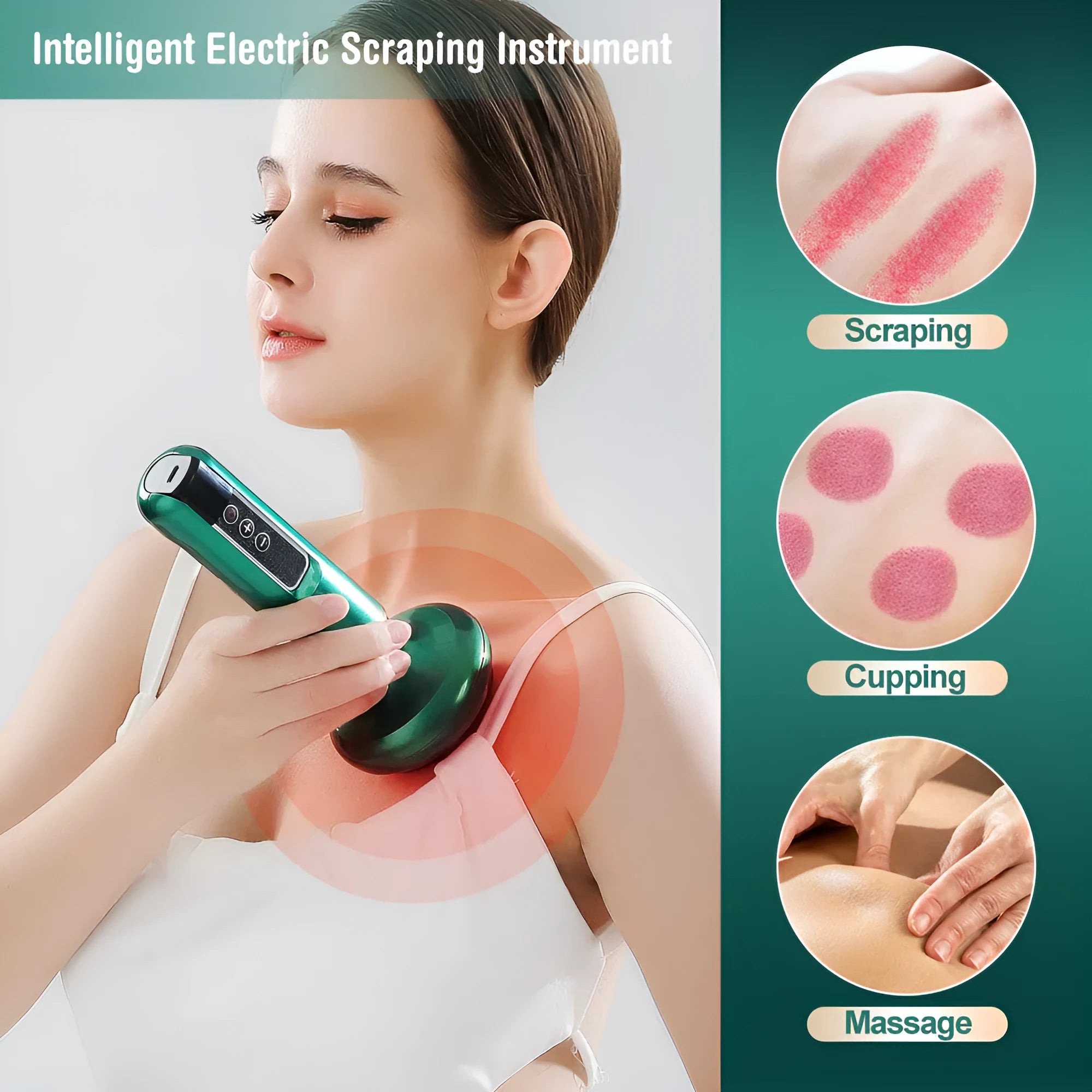Green electric vacuum cupping and gua sha massager device with USB cable.