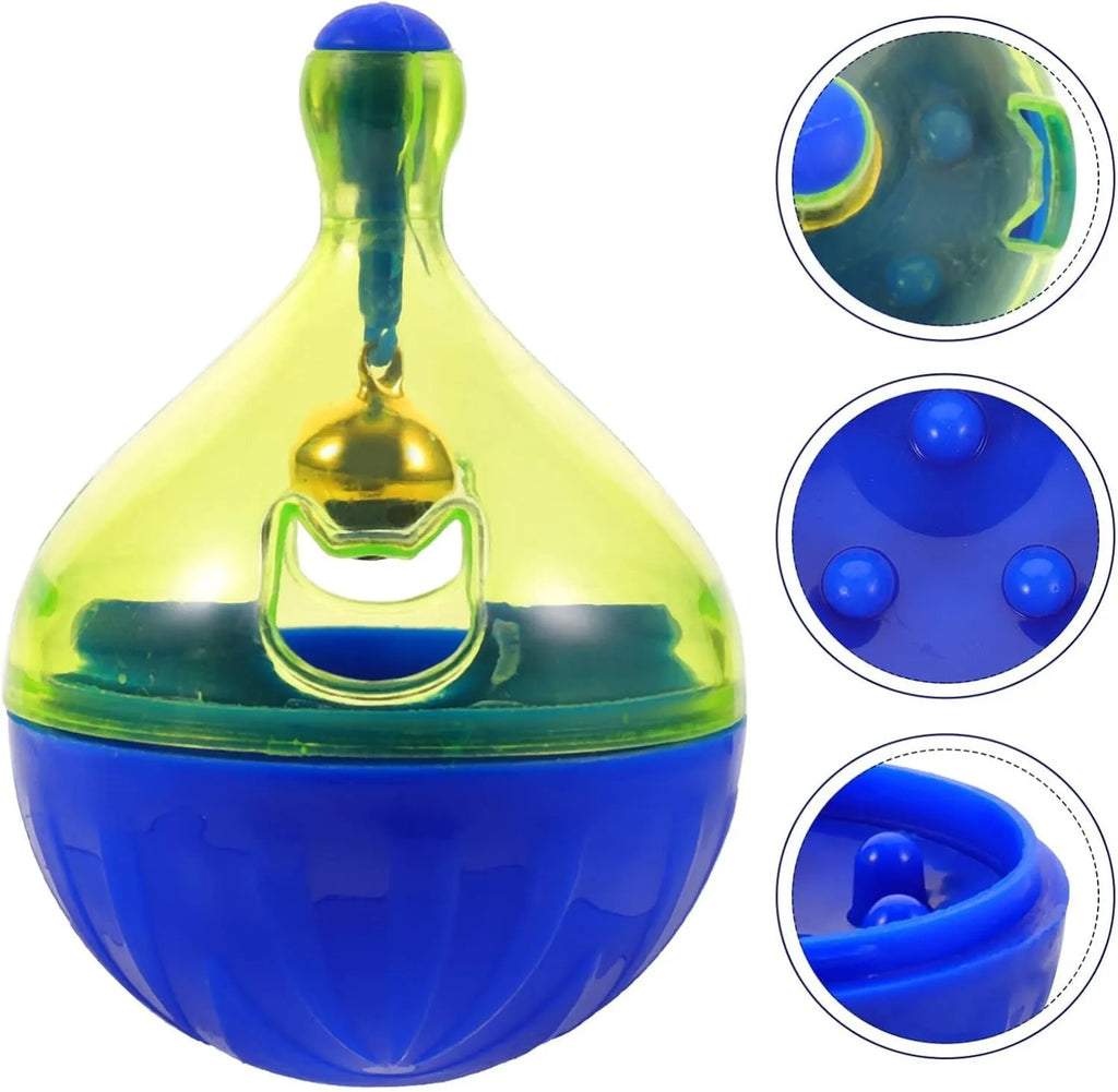 Interactive pet treat tumbler dispenser toy for dogs and cats measuring 14x10x10cm